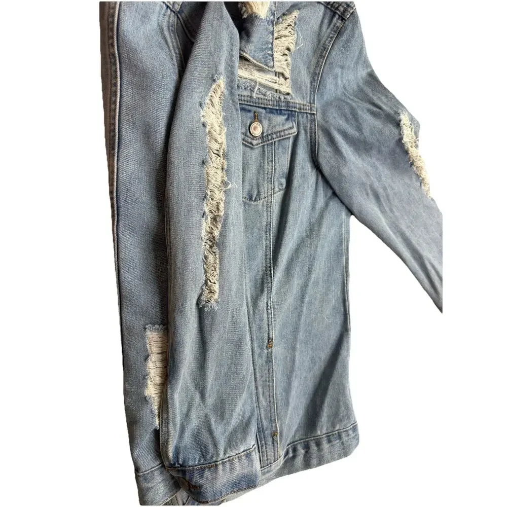 Boom Boom Jean Denim Jacket Distressed Size Medium‎ Western Rodeo Boho oversized
